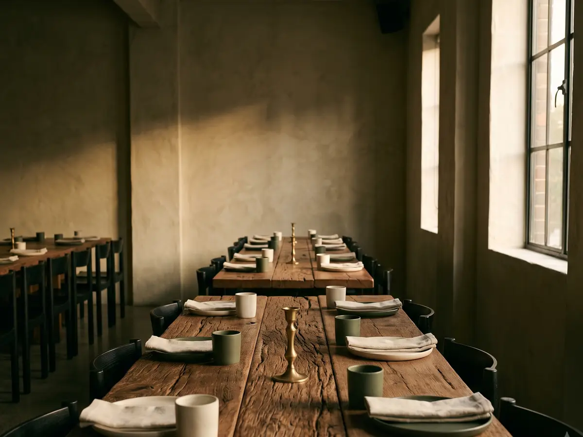 The dining room in the late afternoon, long timber tables under lime-washed walls