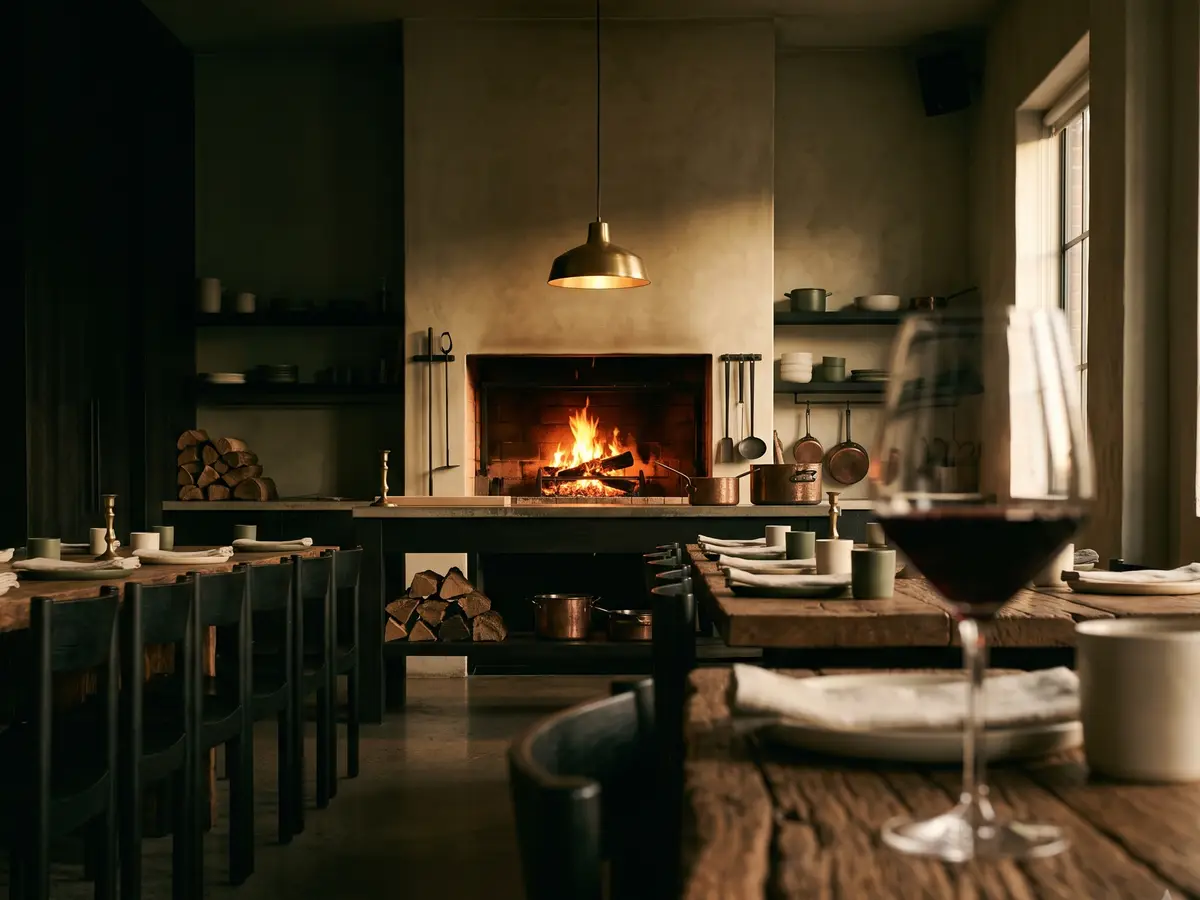 The open kitchen seen from the dining room, fire glowing at the far end