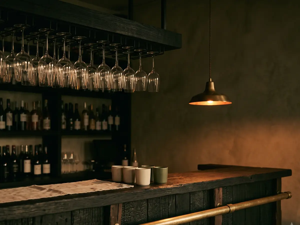 The bar at dusk, brass rail and rows of glassware against dark timber
