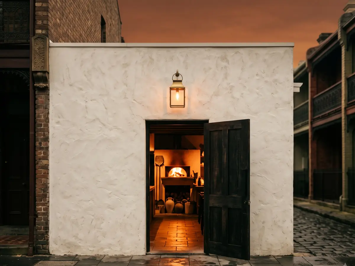 The entrance at dusk, warm light spilling onto the footpath