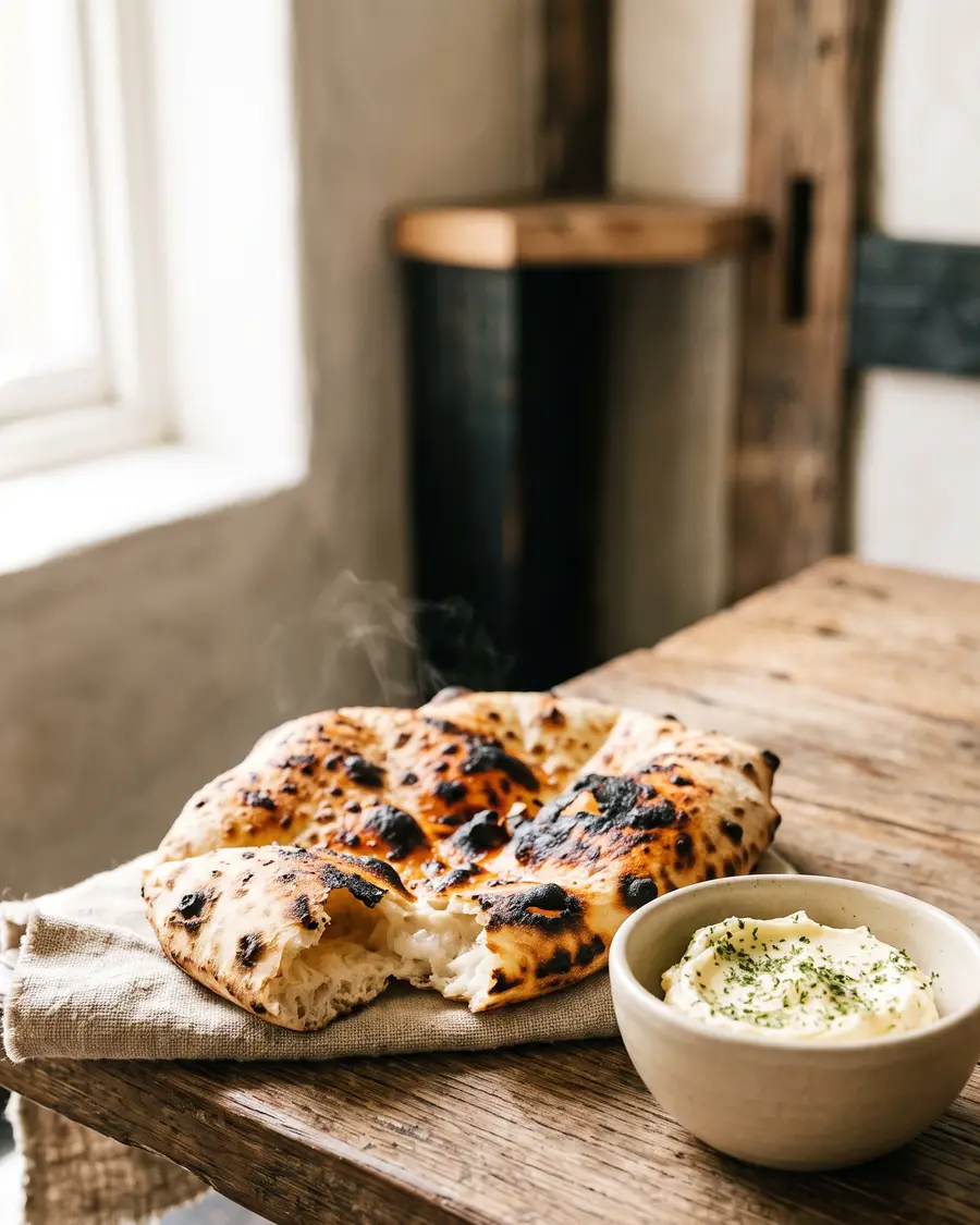 Charred flat bread torn open beside a bowl of whipped cultured butter