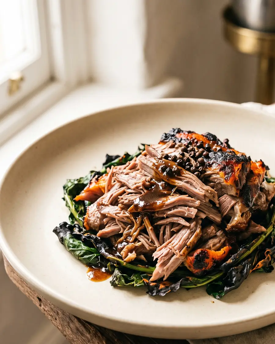 Sliced fire-roasted lamb shoulder over charred greens on bone stoneware