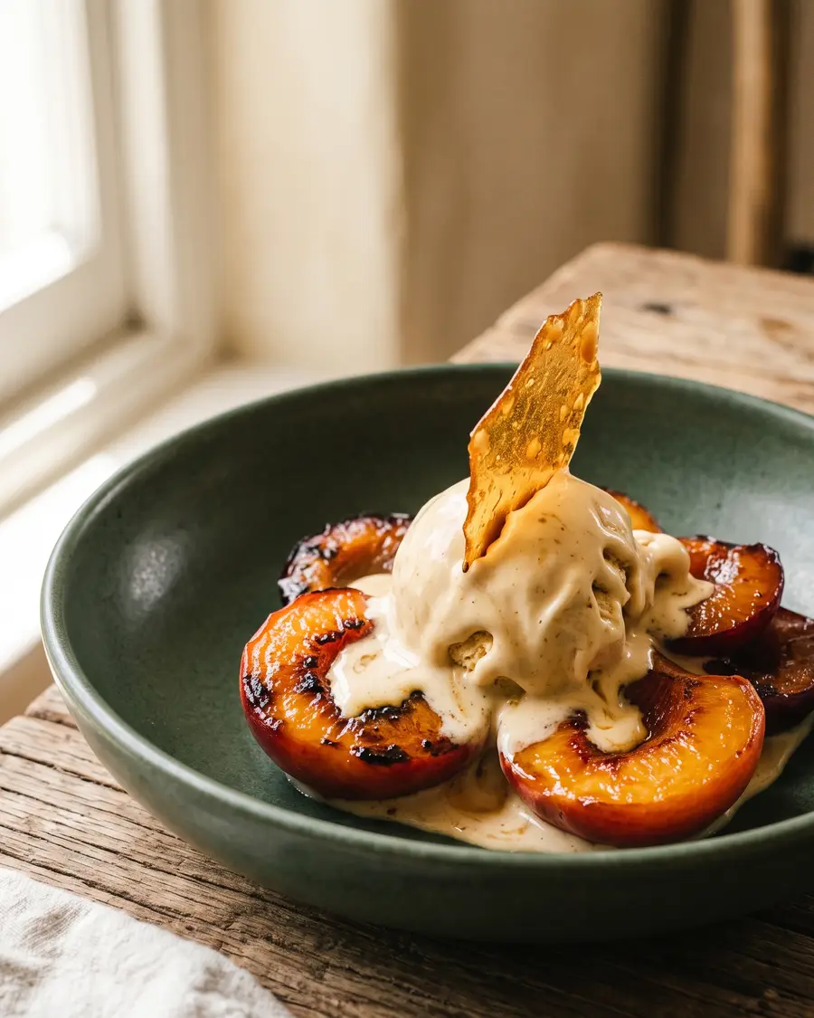 Burnt honey ice cream over roasted stone fruit in a shallow stoneware bowl