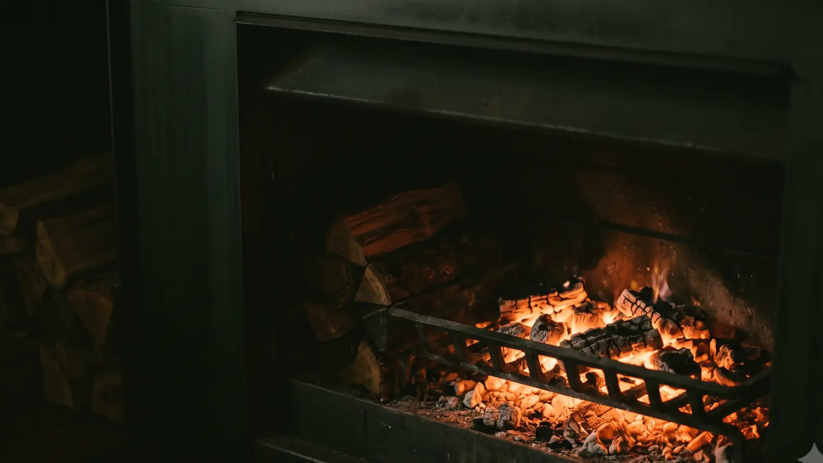 The ironbark fire at service, coals raked flat under the grill bars