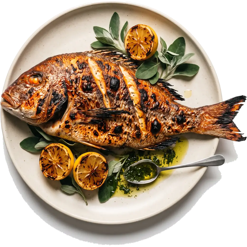 Whole flame-grilled snapper on a bone stoneware platter, seen from above